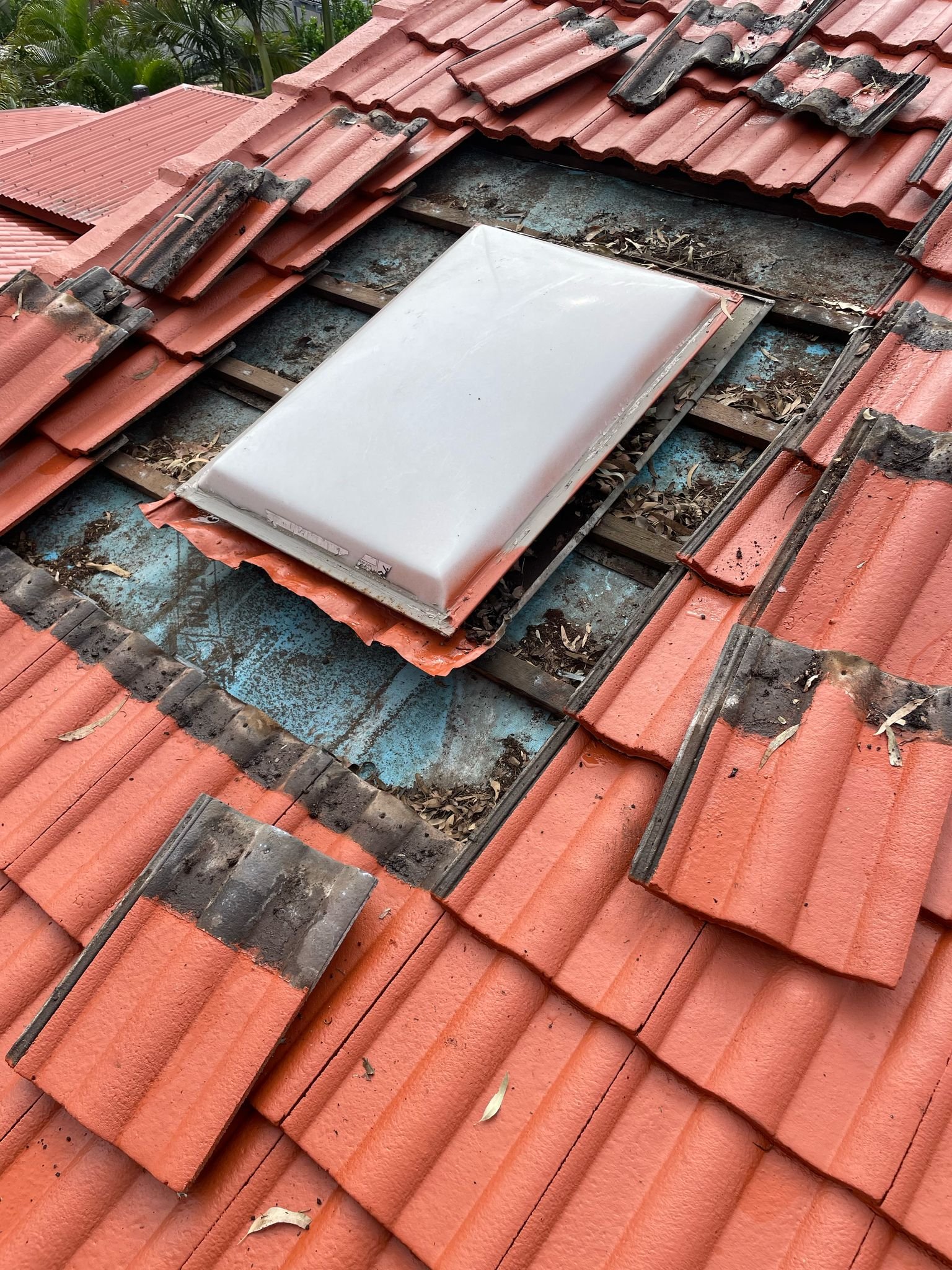 Roof tiles lifted to expose battens and sarking during a leaking roof repair